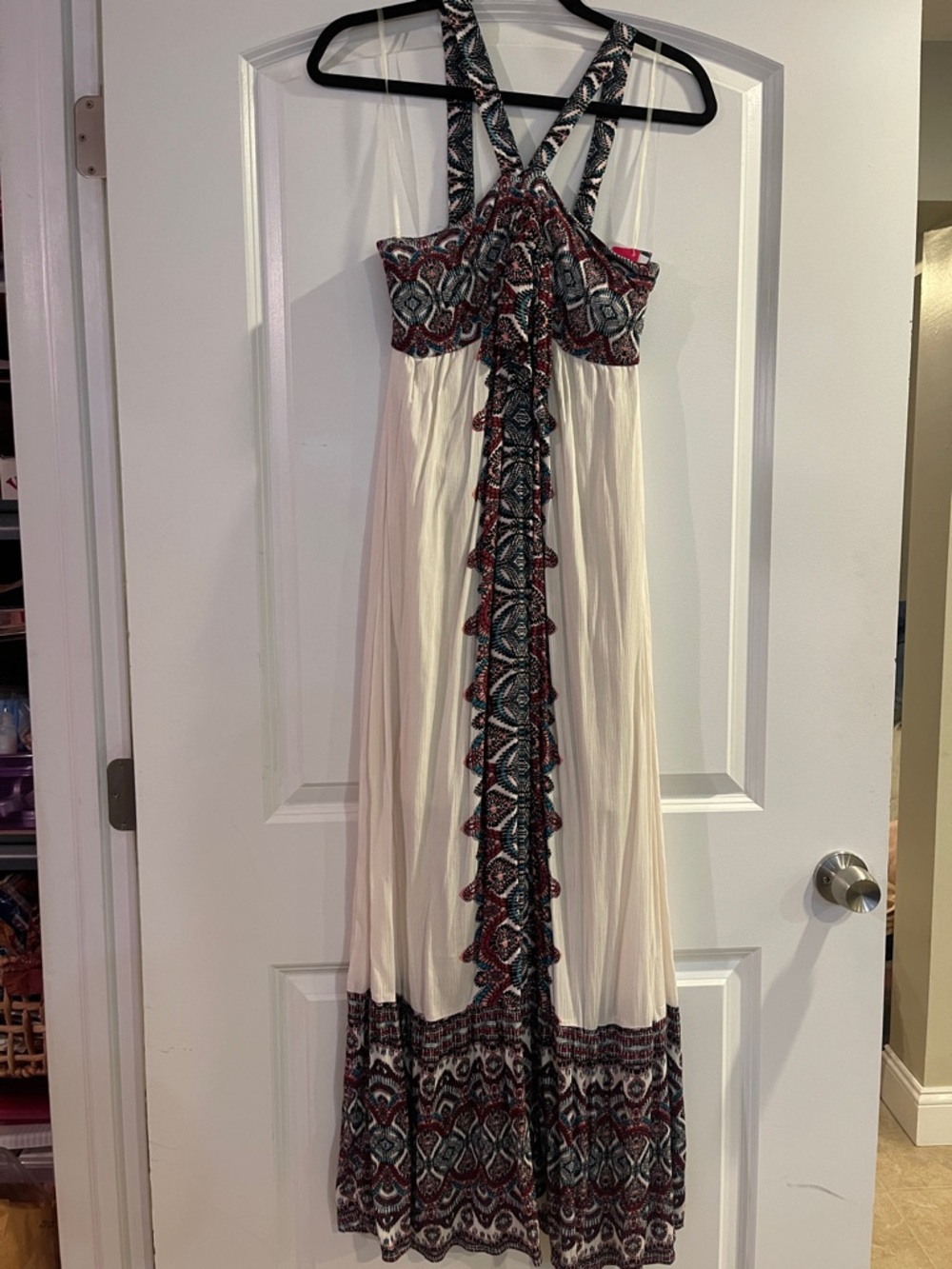 Xhilaration Cream Maxi Dress with Red & Black Patterned Trim